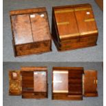 A Victorian figured walnut fitted stationary box together with a similar brass bound oak example (