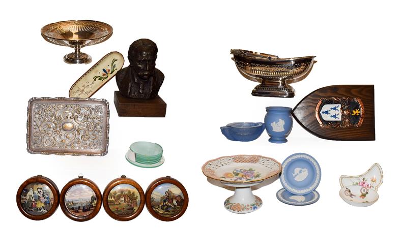 A group of items including a resin bust, decorative coat of arms, pot lids, ceramics and toys,