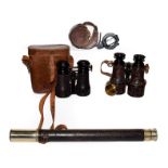 A leather mounted telescope, T. Cooke & Sons Ltd, leather cased military compass T G Co. Ltd.