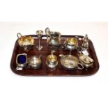 A collection of silver, including a mustard-pot and salt-cellar, each with blue glass liner and a