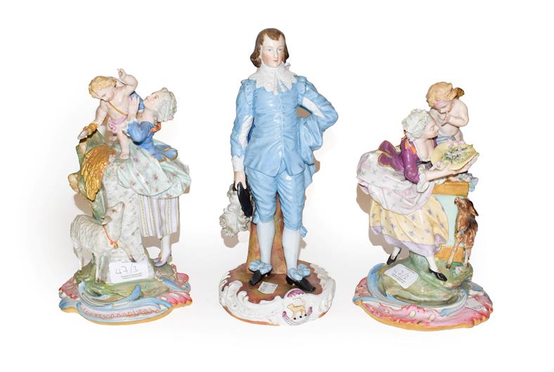 A Sitzendorf figure, Gainsborough's The Blue Boy, 29cm high, together with a pair of Continental