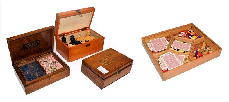 A mid 20th century games compendium, chess set in box, together with two bezique cabinets, one