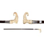 An ivory mounted walking stick, late 19th century, with white metal ferrule, the handle carved