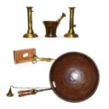 Assorted metalware to include an Ane Christensen metal bowl, a pair of brass ejector candlesticks,