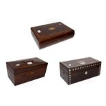 A 19th century brass inlaid rosewood tea caddy, a similar mother of pearl inlaid box and a