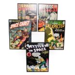 Five DC comics cover prints on card (framed)