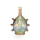 A majolica pottery flask, decorated in relief with cherubs and leaves, 24.5cm
