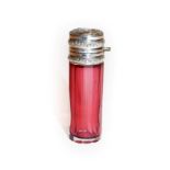 A Victorian faceted cranberry glass scent bottle with silver top and glass stopper, Birmingham,