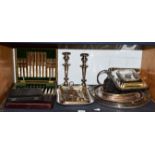 An oak cased set of silver plate fruit knives and forks with mother of pearl handles together with