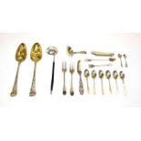 A collection of assorted silver flatware, including a pair of George III silver tablespoons, later