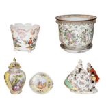 A collection of Continental porcelain including Capodimonte figure group , Dresden yellow ground jar