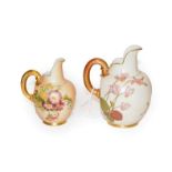Two Royal Worcester blush ivory jugs, both painted with flowers, both model 1094, tallest 17cm high.