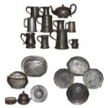 Two trays of 19th century and later pewter items, including capstan inkwell and tankards etc (two