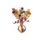 A multi-gemstone brooch, by Mingardo, of giardinetto design, the vase formed of half amethyst and