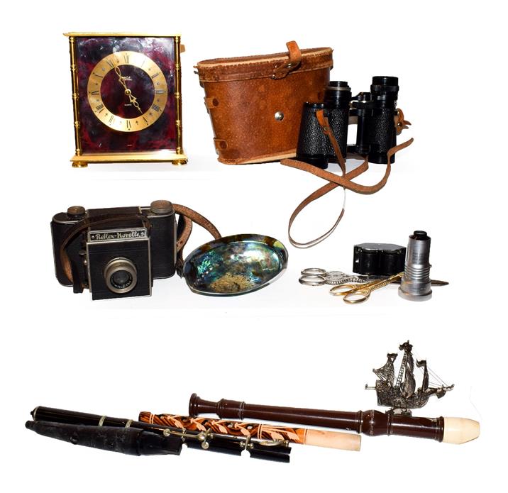 A tray of assorted including Astral quartz mantel timepiece, pair of cased binoculars marked Zuiho