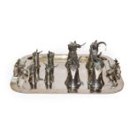 Eight silver plated zoomorphic stirrup cups on tray by Kenneth Turner