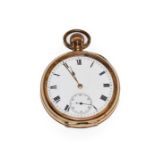 A gold plated pocket watch with enamel dial and subsidiary seconds, movement signed Waltham, case