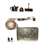 A tray of assorted silver plated wares including an Elkington & Co. hot water jug, two crumb scoops,