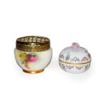 A Royal Worcester pot pourri vase with painted rose flower decoration and a Herend floral hand