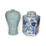 A hexagonal Chinese blue and white jar and cover, painted in underglaze blue with temple dogs
