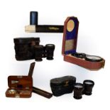Tray of scientific items including two cased balances, Faber Castell slide rule, cased binoculars,