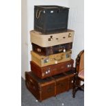 A wooden bound trunk, three suitcases and a box (6)