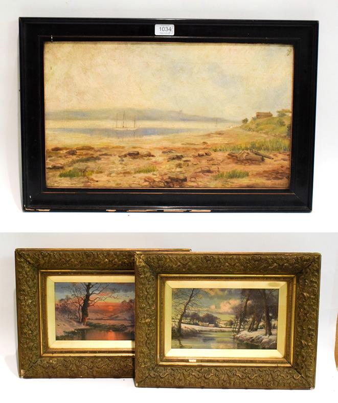 G A Waterston, pair of winter river landscapes, oils, 13cm by 24cm, together with a coastal view,