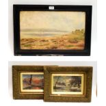 G A Waterston, pair of winter river landscapes, oils, 13cm by 24cm, together with a coastal view,