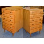 A pair of Meredew Furniture retro six-height bedroom chests on splayed supports, 65cm by 46.5cm by