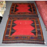 Baluch Korgeen Kilim, each face with a plain stepped filed, enclosed by borders of geometric motifs,