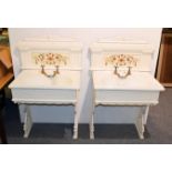 A pair of Victorian ladies and gents wash basins on painted cast iron stands with tiles splash-backs
