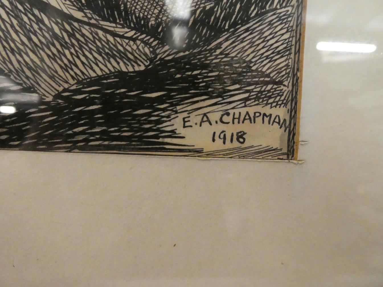 E A Chapman (late 19th/early 20th century) diary entry, signed and dated 1918, ink drawing, 31cm - Image 2 of 3