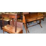 A George III mahogany fold-over tea-table, with single drawer and raised on reeded square