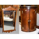 A Georgian mahogany hanging bow-front corner cupboard, 65cm by 98cm high together with a walnut fret