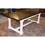 A modern oak farmhouse dining table, pegged plank top with painted base, Peter Thompson of York,