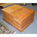 A pair modern pine blanket boxes, 90cm by 57cm by 56cm high (one slightly lighter in colour)