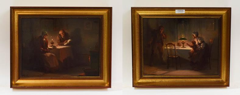 Alexander Rosell (1859-1922) Pair of interior scenes, figures by lamplight, oil on canvas, signed,