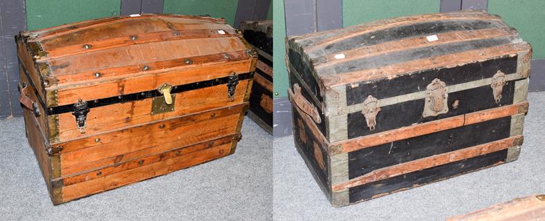 Two 19th century wood and metal bound dome-top steamer trunks, largest 84cm by 48cm by 60cm high (2)