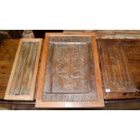 Three oak panels, comprising a 17th century unframed panel, 48cm by 23cm, a linenfold panel, 55cm by