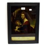 An 18th century reverse print on glass, titled 'Mrs Imhoff and child', 36cm by 25cm