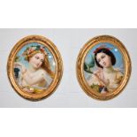 A pair of gilt framed reverse paintings on glass, portraits of maidens with fruit, 53cm by 44cm (2)