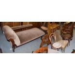 An Edwardian carved mahogany chaise longue, 166cm by 66cm by 72cm high together with seven other