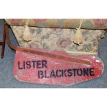 An agricultural metal sign inscribed 'Lister Blackstone', 91cm wide