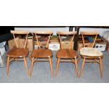 A set of four Ercol elm and beech stacking chairs, stamped, seat height 44cm