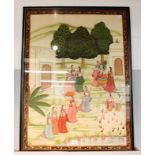 A large framed Indian goache picture on silk, depicting a deity and attendants in a landscape, 105cm