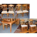 A modern oak dining table together with a set of six dining chairs, table, 180cm by 95cm by 80cm