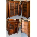 A pine glazed bookcase, 100cm by 31cm by 140cm high together with two similar 1940's oak bookcases