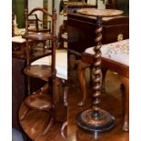 A Victorian mahogany three tier cake stand, 93cm high together with a mahogany inlaid torchere on