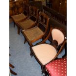 Three Regency carved mahogany dining chairs with canework seats, together with an inlaid mahogany