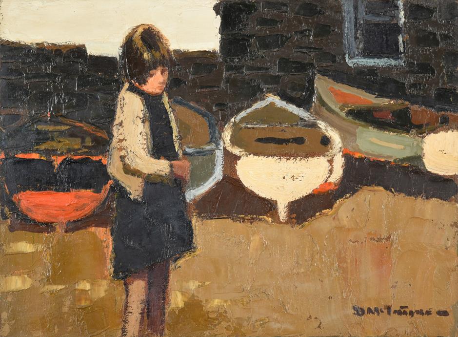 Donald McIntyre RCA (1923-2009) Scottish Girl before fishing boats Signed, oil on board, 29.5cm by